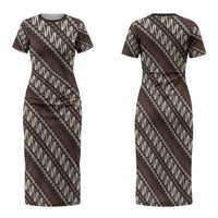 Yogyakarta Parang Batik Motifs Family Matching Short Sleeve Bodycon Dress and Hawaiian Shirt Indonesian Traditional Pattern LT01 Mom's Dress Brown - Polynesian Pride