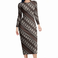 Yogyakarta Parang Batik Motifs Long Sleeve Bodycon Dress Indonesian Traditional Pattern LT01 Long Dress Brown - Polynesian Pride
