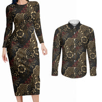 Batik Sekar Jagad Couples Matching Long Sleeve Bodycon Dress and Long Sleeve Button Shirt Indonesian Traditional Pattern LT01 Black - Polynesian Pride