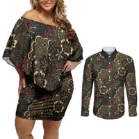 Batik Sekar Jagad Couples Matching Off Shoulder Short Dress and Long Sleeve Button Shirt Indonesian Traditional Pattern LT01 Black - Polynesian Pride