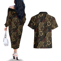 Batik Sekar Jagad Couples Matching Off The Shoulder Long Sleeve Dress and Hawaiian Shirt Indonesian Traditional Pattern