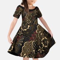 Batik Sekar Jagad Family Matching Off The Shoulder Long Sleeve Dress and Hawaiian Shirt Indonesian Traditional Pattern LT01 Daughter's Dress Black - Polynesian Pride