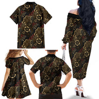 Batik Sekar Jagad Family Matching Off The Shoulder Long Sleeve Dress and Hawaiian Shirt Indonesian Traditional Pattern LT01 Mom's Dress Black - Polynesian Pride
