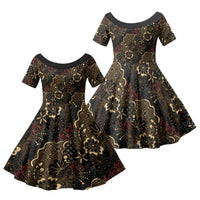 Batik Sekar Jagad Family Matching Off Shoulder Short Dress and Hawaiian Shirt Indonesian Traditional Pattern LT01 Daughter's Dress Black - Polynesian Pride