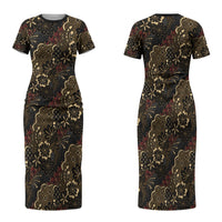 Batik Sekar Jagad Family Matching Short Sleeve Bodycon Dress and Hawaiian Shirt Indonesian Traditional Pattern LT01 Mom's Dress Black - Polynesian Pride