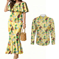 Hawaii Hula Girl Tropical Couples Matching Mermaid Dress and Long Sleeve Button Shirt Yellow Palaka