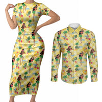 Hawaii Hula Girl Tropical Couples Matching Short Sleeve Bodycon Dress and Long Sleeve Button Shirt Yellow Palaka