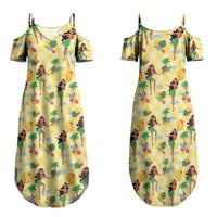 Hawaii Hula Girl Tropical Couples Matching Summer Maxi Dress and Long Sleeve Button Shirt Yellow Palaka