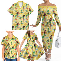 Hawaii Hula Girl Tropical Family Matching Off The Shoulder Long Sleeve Dress and Hawaiian Shirt Yellow Palaka