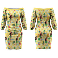 Hawaii Hula Girl Tropical Family Matching Off The Shoulder Long Sleeve Dress and Hawaiian Shirt Yellow Palaka