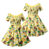 Hawaii Hula Girl Tropical Family Matching Short Sleeve Bodycon Dress and Hawaiian Shirt Yellow Palaka