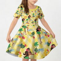 Hawaii Hula Girl Tropical Kid Short Sleeve Dress Yellow Palaka