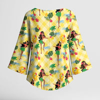 Hawaii Hula Girl Tropical Kimono Sleeve Blouse Yellow Palaka