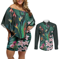 Hawaii Hummingbird Tropical Flowers Couples Matching Off Shoulder Short Dress and Long Sleeve Button Shirt Dark Green