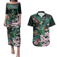 Hawaii Hummingbird Tropical Flowers Couples Matching Puletasi and Hawaiian Shirt Dark Green
