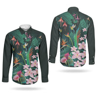 Hawaii Hummingbird Tropical Flowers Couples Matching Short Sleeve Bodycon Dress and Long Sleeve Button Shirt Dark Green