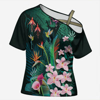 Hawaii Hummingbird Tropical Flowers Cross Shoulder Shirt Dark Green