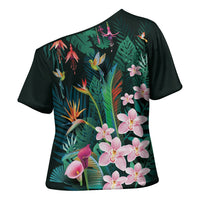 Hawaii Hummingbird Tropical Flowers Cross Shoulder Shirt Dark Green