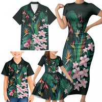 Hawaii Hummingbird Tropical Flowers Family Matching Short Sleeve Bodycon Dress and Hawaiian Shirt Dark Green