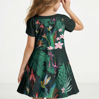Hawaii Hummingbird Tropical Flowers Kid Short Sleeve Dress Dark Green