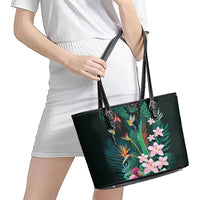 Hawaii Hummingbird Tropical Flowers Leather Tote Bag Dark Green