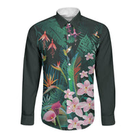 Hawaii Hummingbird Tropical Flowers Long Sleeve Button Shirt Dark Green
