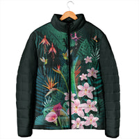 Hawaii Hummingbird Tropical Flowers Padded Jacket Dark Green