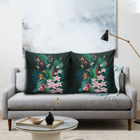 Hawaii Hummingbird Tropical Flowers Pillow Cover Dark Green