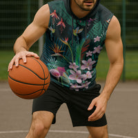 Hawaii Hummingbird Tropical Flowers Sleeveless Hoodie Dark Green
