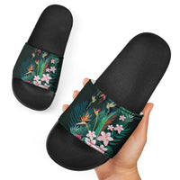 Hawaii Hummingbird Tropical Flowers Slide Sandals Dark Green