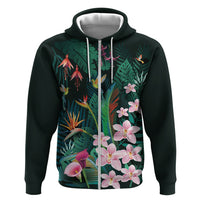 Hawaii Hummingbird Tropical Flowers Zip Hoodie Dark Green