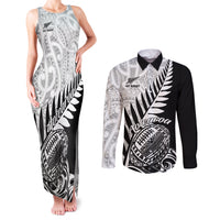 New Zealand Silver Fern Rugby Couples Matching Tank Maxi Dress and Long Sleeve Button Shirts Aotearoa Maori Black Version LT01 Black - Polynesian Pride
