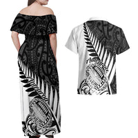 New Zealand Silver Fern Rugby Couples Matching Off Shoulder Maxi Dress and Hawaiian Shirt Aotearoa Maori White Version LT01 - Polynesian Pride