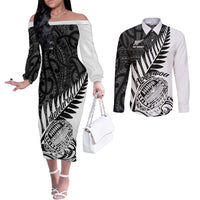 New Zealand Silver Fern Rugby Couples Matching Off The Shoulder Long Sleeve Dress and Long Sleeve Button Shirts Aotearoa Maori White Version LT01 White - Polynesian Pride