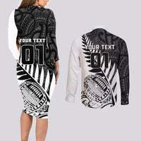 Custom New Zealand Silver Fern Rugby Couples Matching Long Sleeve Bodycon Dress and Long Sleeve Button Shirts Aotearoa Maori White Version LT01 - Polynesian Pride