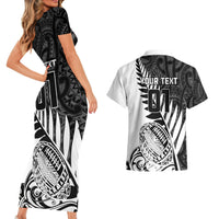 Custom New Zealand Silver Fern Rugby Couples Matching Short Sleeve Bodycon Dress and Hawaiian Shirt Aotearoa Maori White Version LT01 - Polynesian Pride