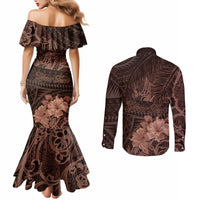 Bula Fiji Masi Couples Matching Mermaid Dress and Long Sleeve Button Shirt Fijian Tapa Vintage Dark Brown Version LT01 - Polynesian Pride