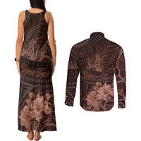 Bula Fiji Masi Couples Matching Tank Maxi Dress and Long Sleeve Button Shirt Fijian Tapa Vintage Dark Brown Version LT01 - Polynesian Pride