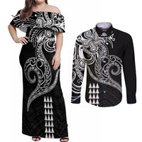Hawaii Valentine Couples Matching Off Shoulder Maxi Dress and Long Sleeve Button Shirt Kakau Polynesian Heart LT01 Black - Polynesian Pride