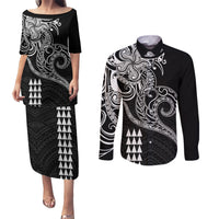Hawaii Valentine Couples Matching Puletasi Dress and Long Sleeve Button Shirt Kakau Polynesian Heart LT01 Black - Polynesian Pride