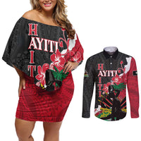 Personalised Ayiti Neg Marron Couples Matching Off Shoulder Short Dress and Long Sleeve Button Shirt Dashiki Mix Polynesian Pattern