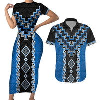 Blue Niho Taniwha Mix Poutama Couples Matching Short Sleeve Bodycon Dress and Hawaiian Shirt Unique Taniko Aotearoa