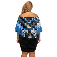 Blue Niho Taniwha Mix Poutama Off Shoulder Short Dress Unique Taniko Aotearoa