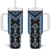 Blue Niho Taniwha Mix Poutama Tumbler With Handle Unique Taniko Aotearoa