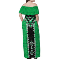 Green Niho Taniwha Mix Poutama Family Matching Off Shoulder Maxi Dress and Hawaiian Shirt Unique Taniko Aotearoa