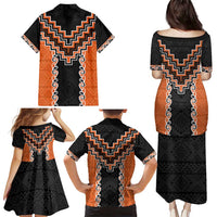 Orange Niho Taniwha Mix Poutama Family Matching Puletasi and Hawaiian Shirt Unique Taniko Aotearoa