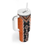Orange Niho Taniwha Mix Poutama Tumbler With Handle Unique Taniko Aotearoa