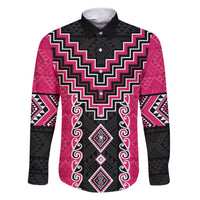 Pink Niho Taniwha Mix Poutama Family Matching Short Sleeve Bodycon Dress and Hawaiian Shirt Unique Taniko Aotearoa