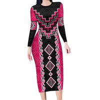 Pink Niho Taniwha Mix Poutama Long Sleeve Bodycon Dress Unique Taniko Aotearoa LT01 Long Dress Pink - Polynesian Pride