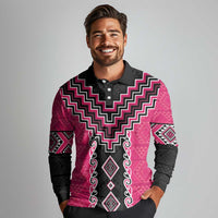 Pink Niho Taniwha Mix Poutama Long Sleeve Polo Shirt Unique Taniko Aotearoa LT01 - Polynesian Pride